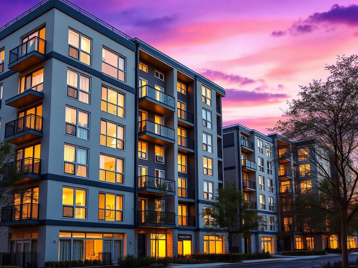 Multifamily residential property at dusk